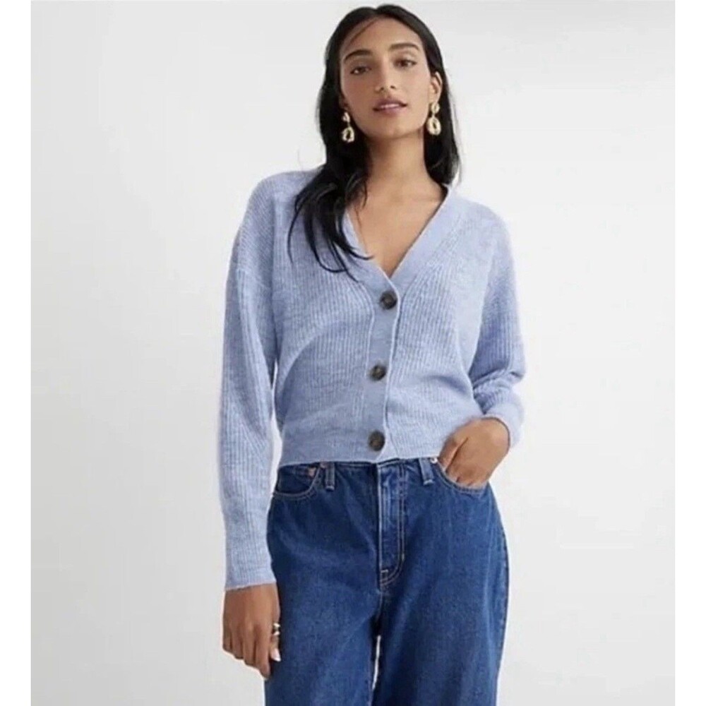 J. Crew Wool Blend V Neck Button Up Ribbed Soft Cardigan Blue